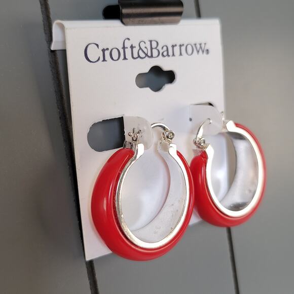 Croft & Barrow Red Silver Hoop Earrings Pierced 1.43in Resin Metal, Gift Bag - Picture 4 of 6